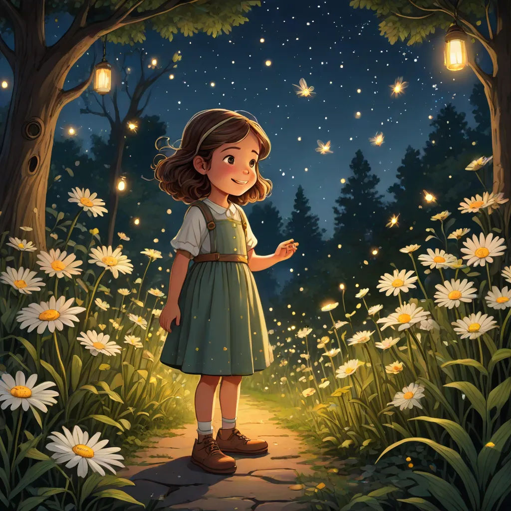 a little girl standing in a forest with a light in her hand and a lot of flowers around her, fantasy art, a storybook illustration, Cyril Rolando, fireflies