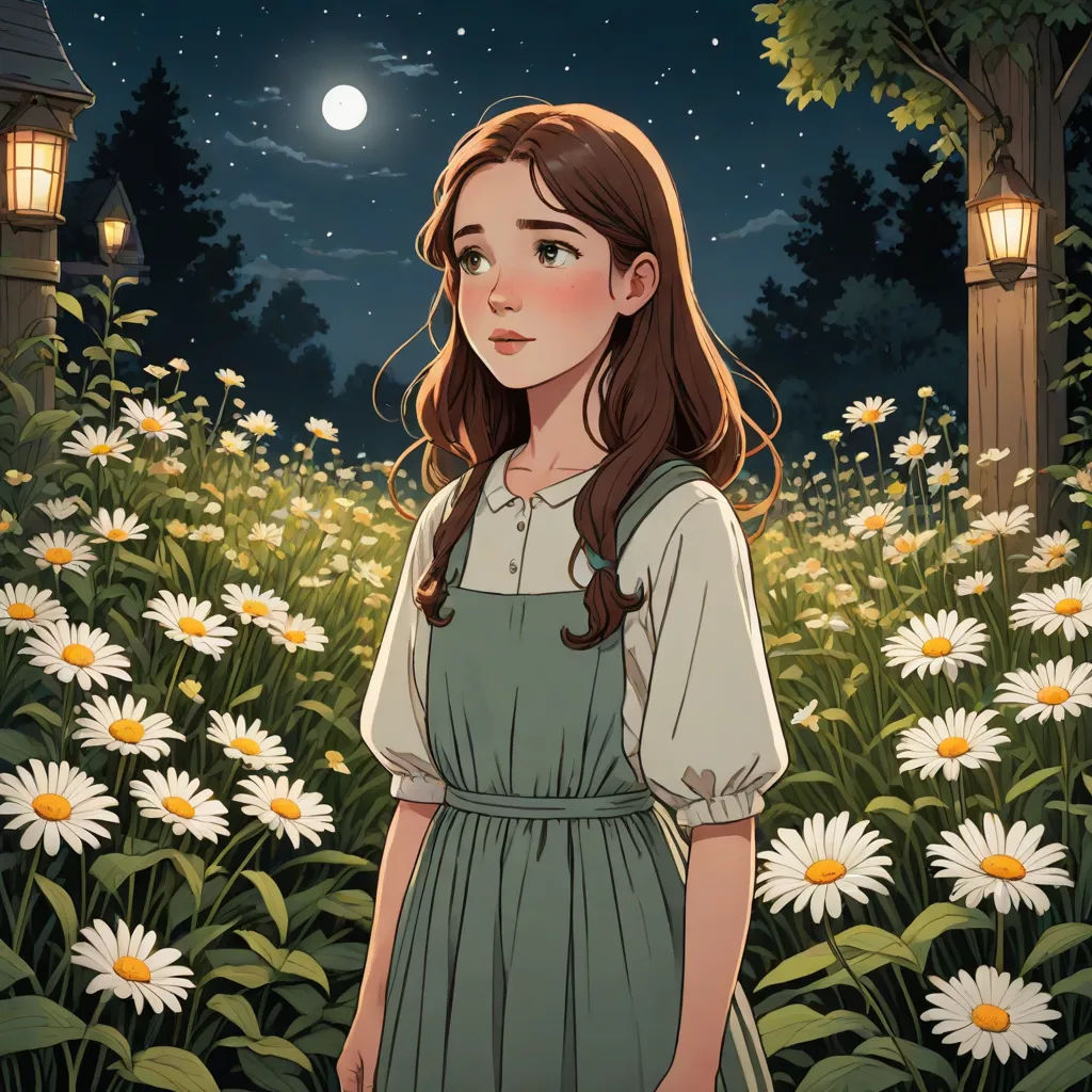 a girl standing in a field of daisies at night with a full moon in the background and a lantern in the sky, aestheticism, a storybook illustration, Clarice Beckett, official art