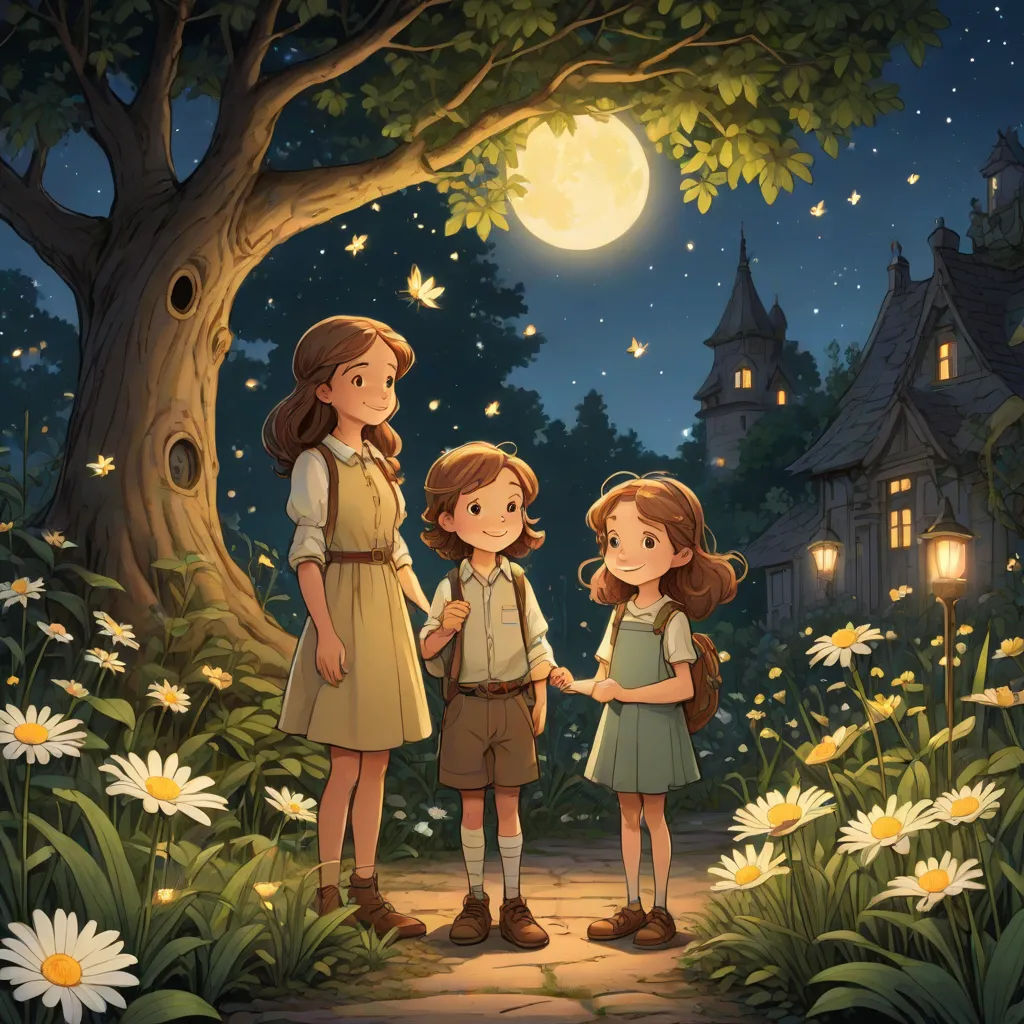 a couple of kids standing in front of a tree with a light on it and a house in the background, fantasy art, a storybook illustration, Diego Gisbert Llorens, official art