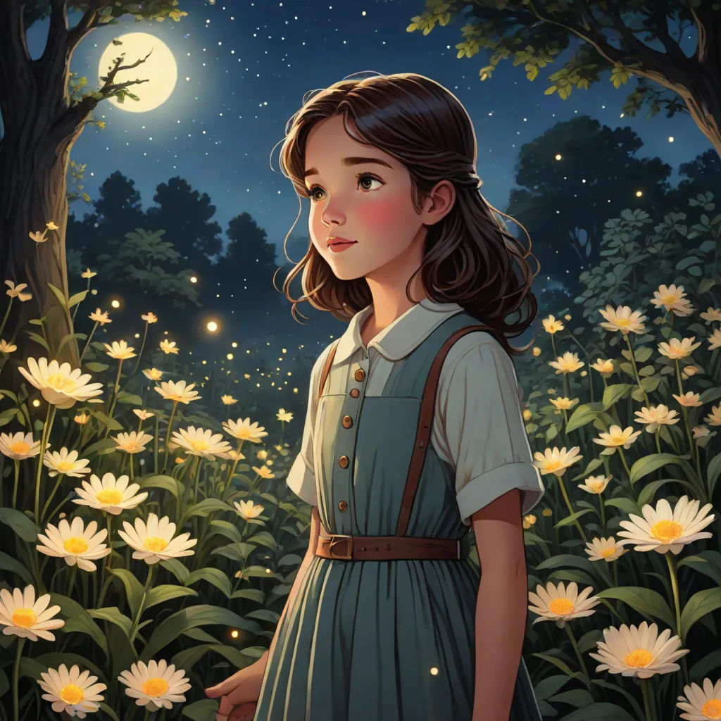 a painting of a girl in a field of flowers at night with a full moon in the background and stars in the sky, fantasy art, a storybook illustration, Choi Buk, rossdraws global illumination