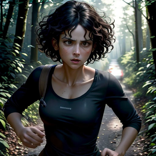 a woman running through a forest with a backpack on her shoulder and a car in the background, with a light shining through the trees
