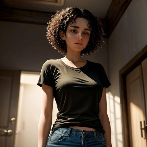 a woman with curly hair standing in a doorway wearing a black shirt and jeans and a black t - shirt