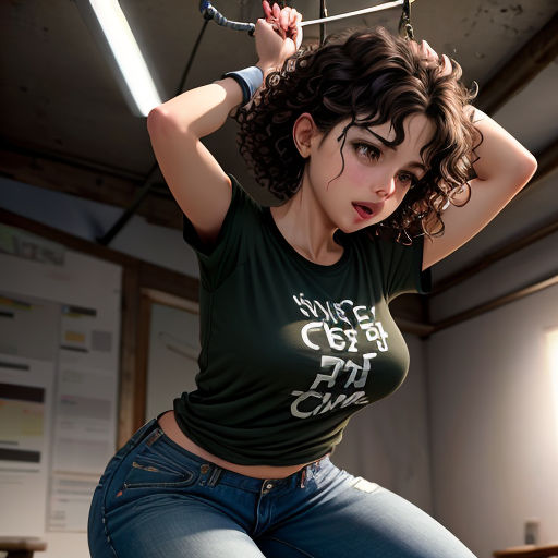 a woman in a green shirt holding a sword over her head and looking at the camera with a surprised look on her face