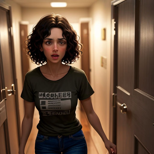 a woman is standing in a hallway with her hands in her pockets and looking at the camera with a surprised look on her face