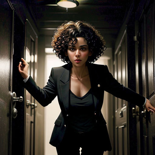 a woman in a suit is standing in a hallway with her hands on the door handle of a door