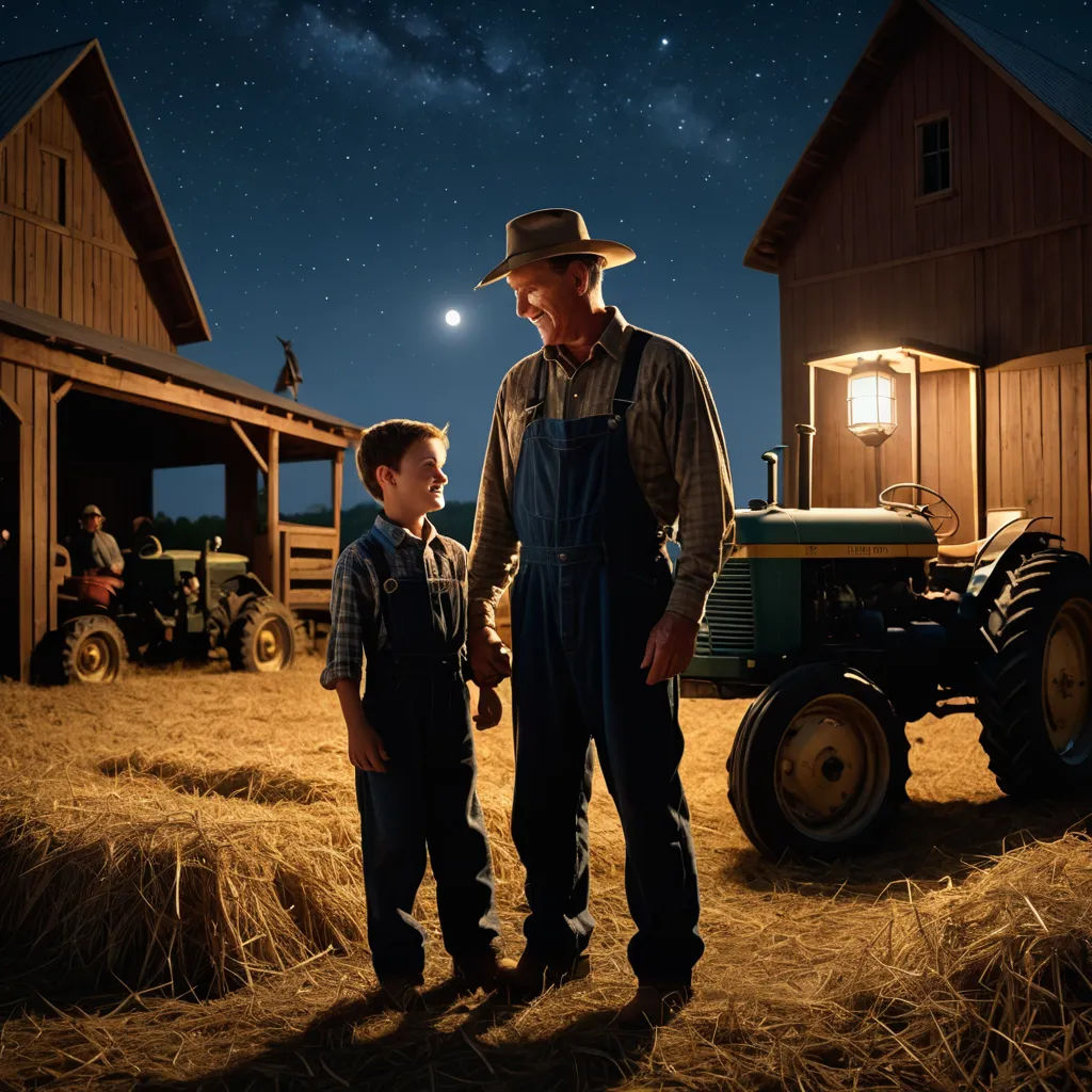 a man and a boy standing in a field at night with a tractor and barn in the background and a full moon, art photography, a storybook illustration, Dennis Ashbaugh, cinematic photography