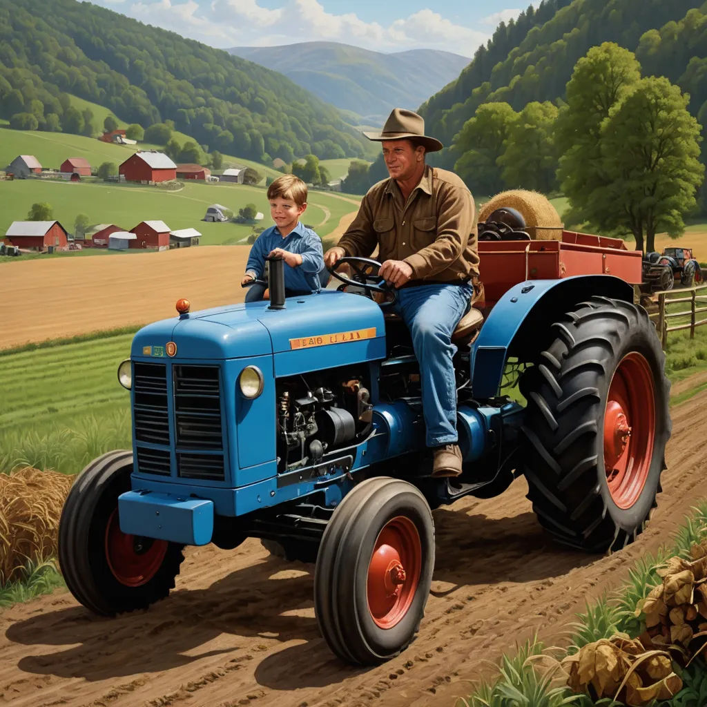 a man and a boy are riding on a tractor in a field with a farm scene in the background, american scene painting, a detailed matte painting, Brothers Hildebrandt, highly detailed digital painting