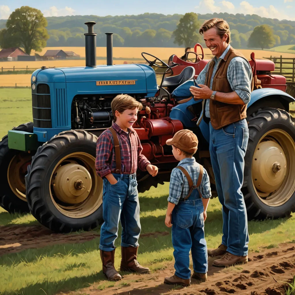 a man and two boys standing in front of a tractor in a field with a farm tractor in the background, american scene painting, a storybook illustration, Brothers Hildebrandt, promotional image