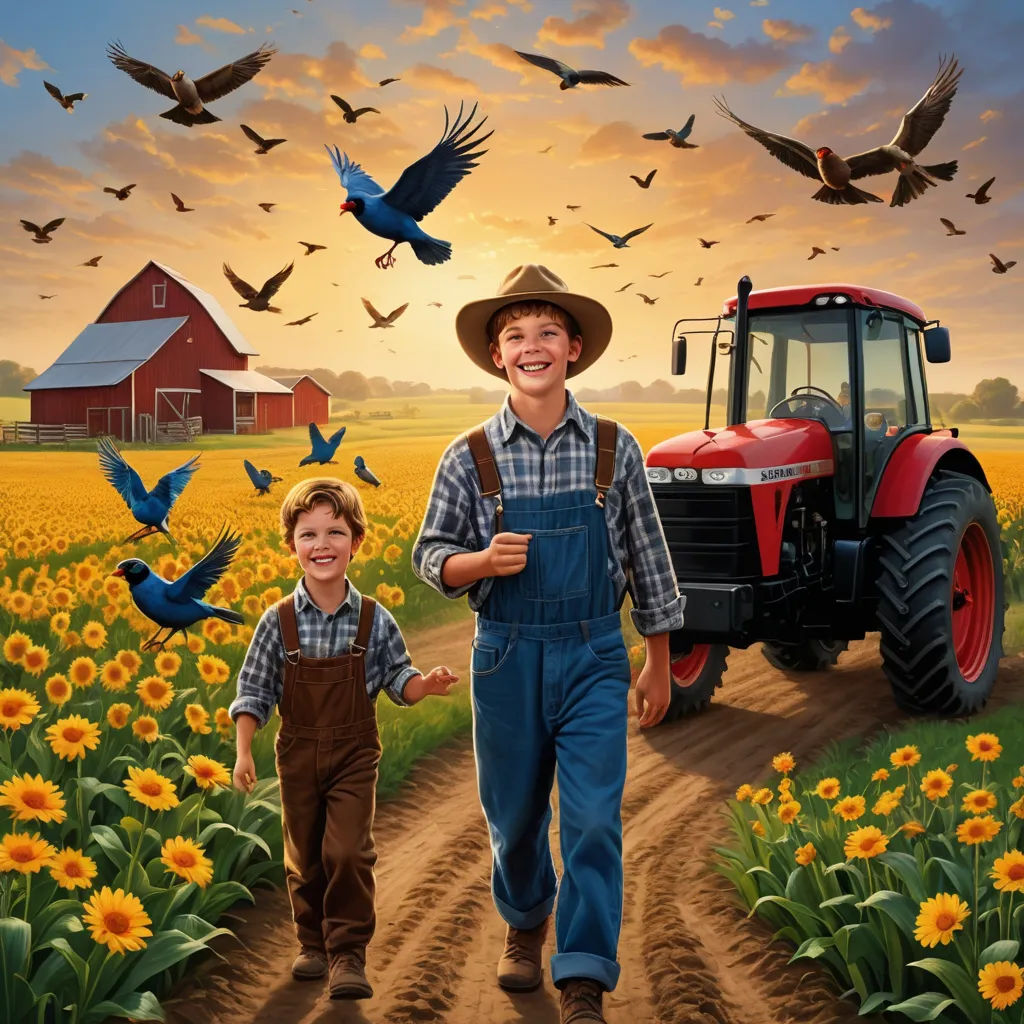 a painting of two boys walking in a field with a tractor and birds flying overhead in the background,, american scene painting, a storybook illustration, Bob Byerley, highly detailed digital painting