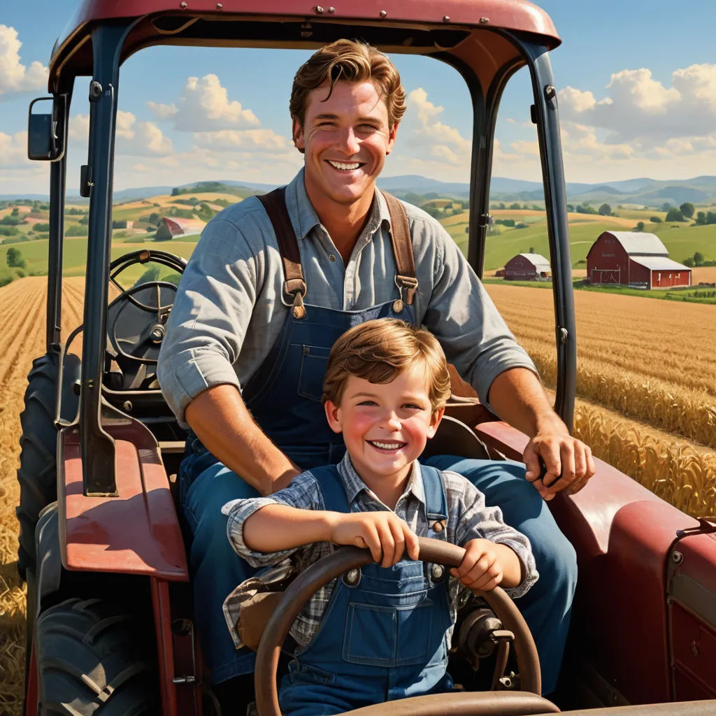 a man and a boy are sitting in a tractor in a field of wheat and a farm is in the background, regionalism, a stock photo, Brothers Hildebrandt, promotional image