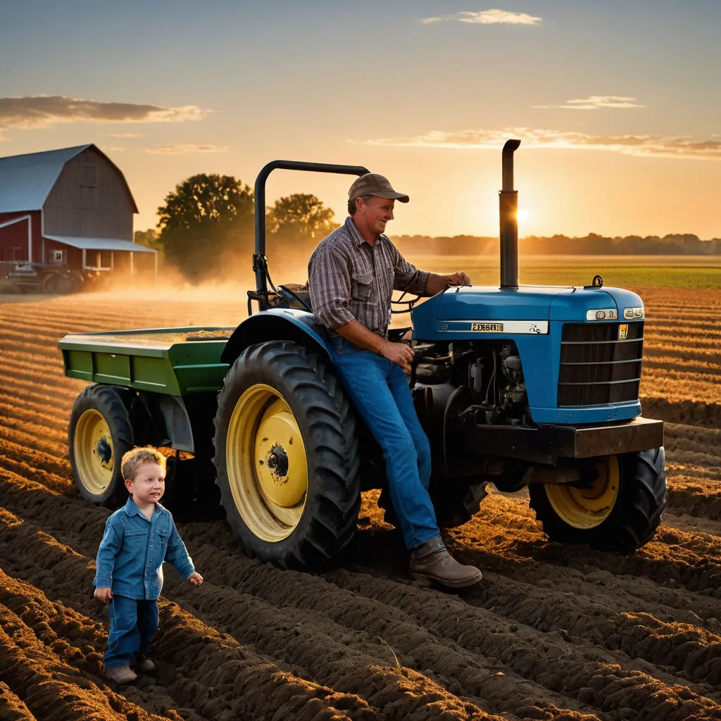 a man and a child are in a field with a tractor and a barn in the background at sunset, precisionism, a stock photo, Dennis Ashbaugh, award - winning photography