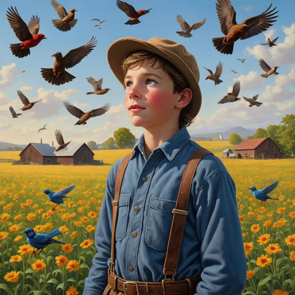 a painting of a boy in a field with birds flying overhead and a boy in a hat looking up, fantastic realism, a detailed painting, Aaron Jasinski, highly detailed digital painting