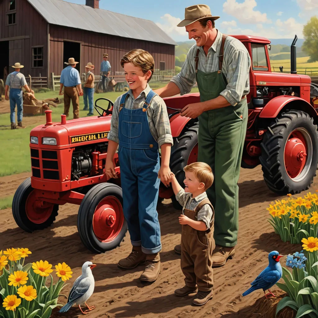 a painting of a man and two boys standing in front of a tractor with a bird on the ground, american scene painting, a storybook illustration, Brothers Hildebrandt, highly detailed digital painting
