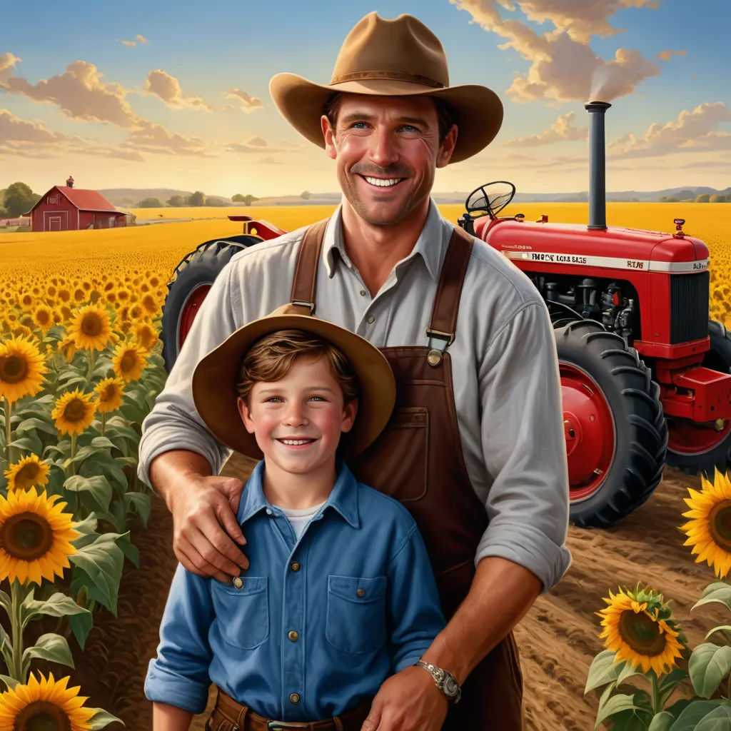 a man and a boy are standing in a field of sunflowers with a tractor in the background, american scene painting, a matte painting, Bob Byerley, highly detailed digital painting