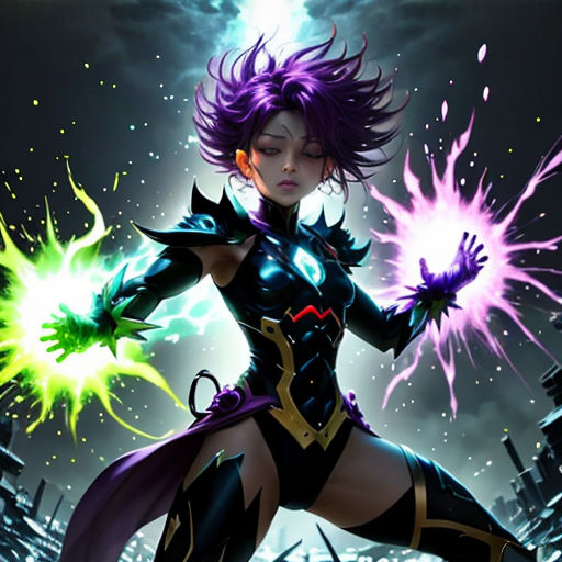 a woman in a costume with purple hair and green and yellow lights on her hands, holding a glowing ball