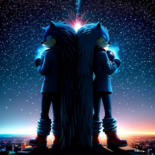 a couple of people standing next to each other on top of a tree in the sky with stars above