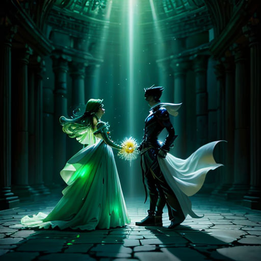 a man and woman dressed in costume standing in a dark room with a light shining through the ceiling and a green light coming from the ceiling
