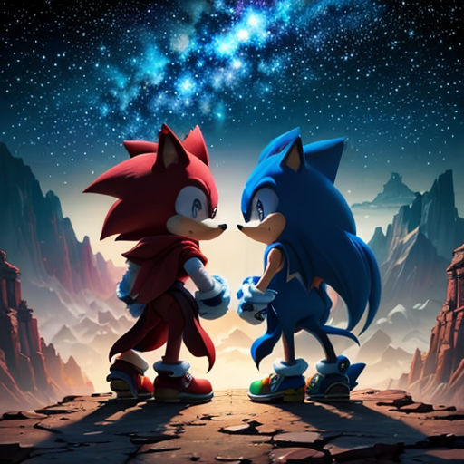 two sonic and tails are standing in front of a mountain landscape with stars in the sky above them and a mountain range in the background
