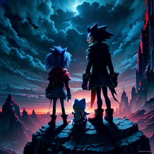 a couple of people standing on top of a hill under a cloudy sky with a cat and mouse on it