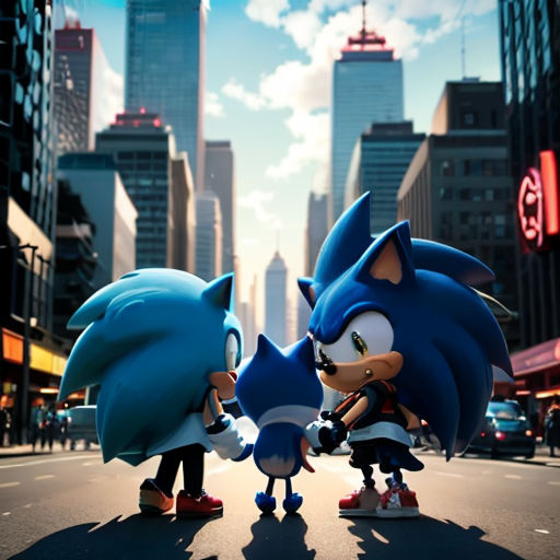 sonic and sonic the hedgehog in a city street with tall buildings in the background and a blue sky
