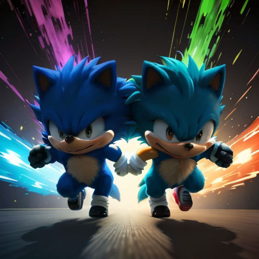 two sonic and tails characters are running through a colorful light trail with their arms outstretched in the air and their eyes closed