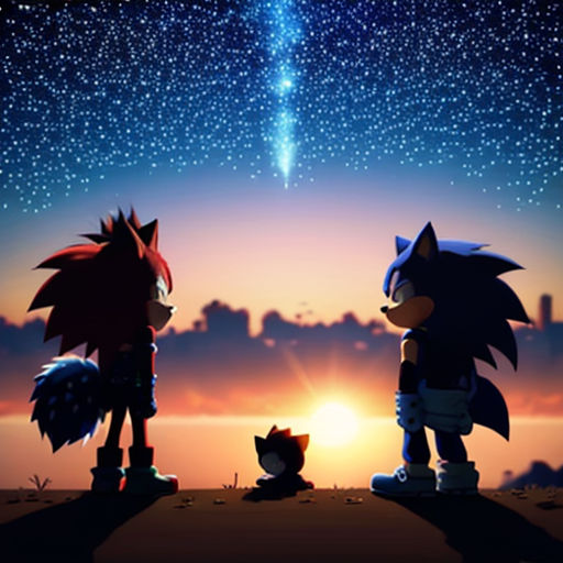 two sonic and tails standing in front of a star filled sky with a bright light shining on them and a cat sitting on the ground
