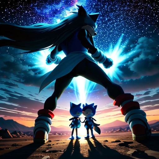a movie poster with sonic and tails in the background of a night sky with stars and clouds, and a person standing in front of a giant shadow