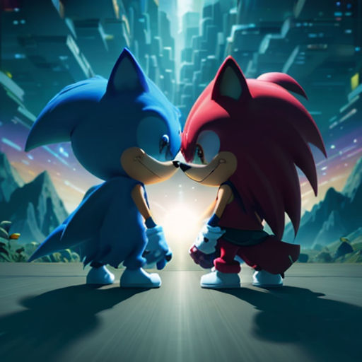 two sonic and tails are facing each other in a dark city with bright lights and a glowing sky behind them