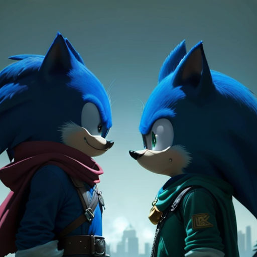 two sonic the hedgehogs are facing each other in front of a city skyline with skyscrapers and skyscrapers