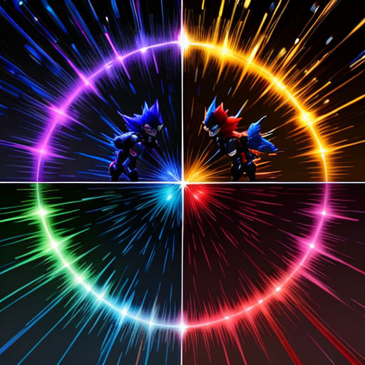 a group of four different images of sonic the hedgehogs in a circle of light beams with a black background