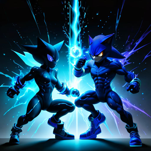 two cartoon characters are fighting in a dark room with blue lights and blue and purple colors on their faces