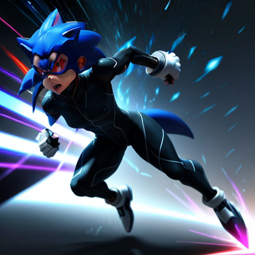 a cartoon character is running with a blue and white light behind him and a black and white background behind him