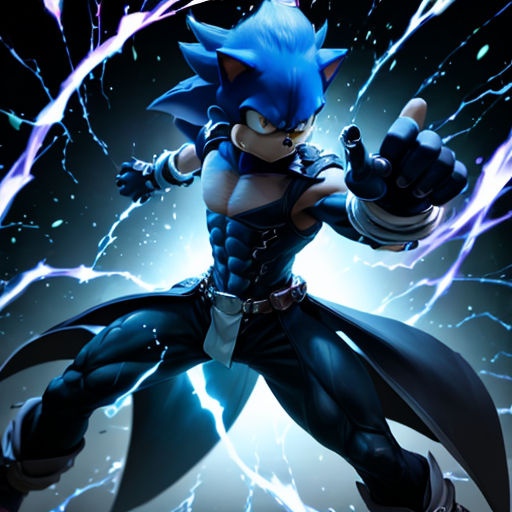 a cartoon character with a blue hair and a black outfit and a blue and white outfit and a blue and white lightning background