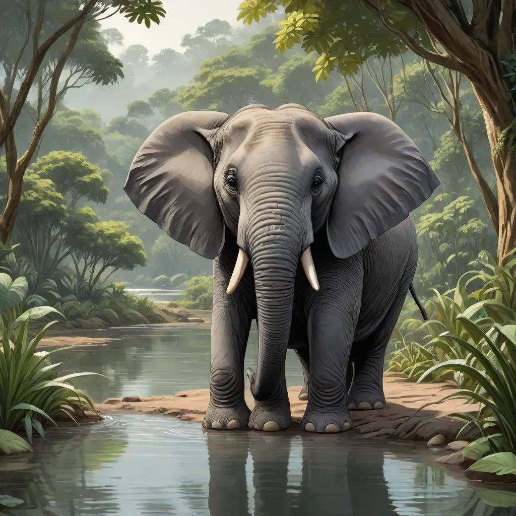 an elephant standing in front of a body of water with trees and bushes around it and a river running through it, Chris LaBrooy, sumatraism, an airbrush painting, highly detailed digital painting