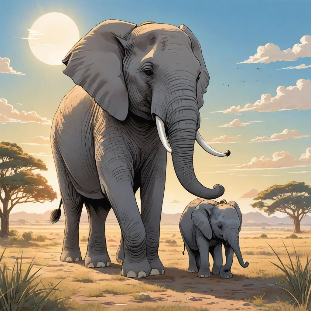 a couple of elephants standing on top of a field next to a tree filled sky with a full moon, Chris LaBrooy, fantastic realism, a storybook illustration, highly detailed digital painting