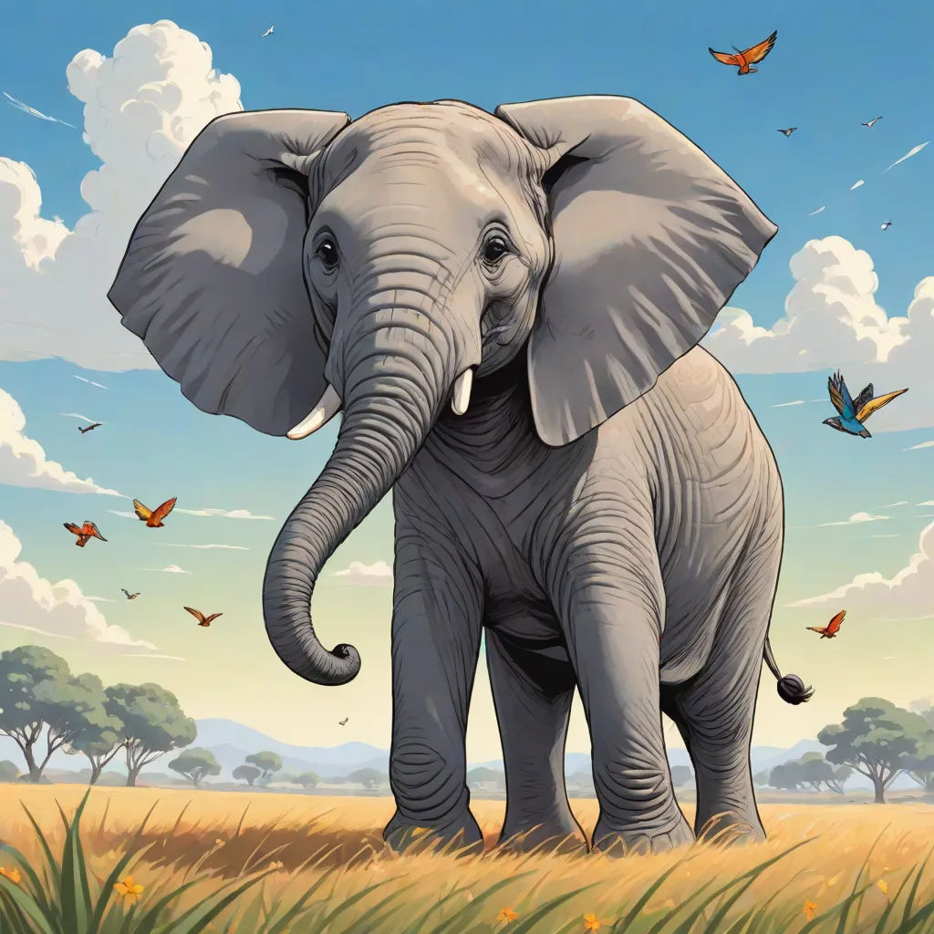a painting of an elephant in a field with birds flying around it and a blue sky with clouds and a few white clouds, Chris LaBrooy, fantastic realism, a digital painting, highly detailed digital painting