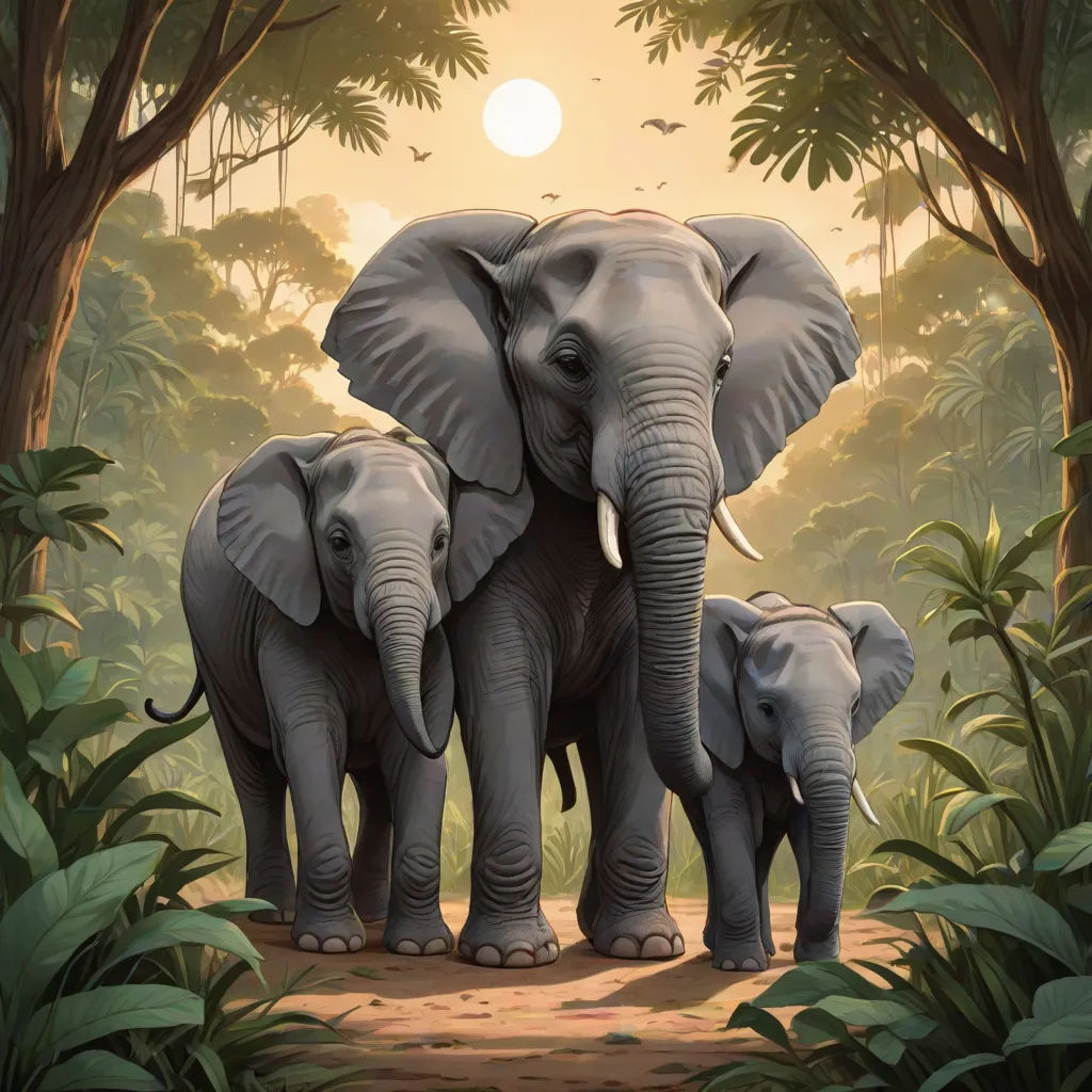 a painting of two elephants standing in the jungle with a baby elephant in front of them and a third elephant behind them, Chris LaBrooy, sumatraism, a storybook illustration, highly detailed digital painting