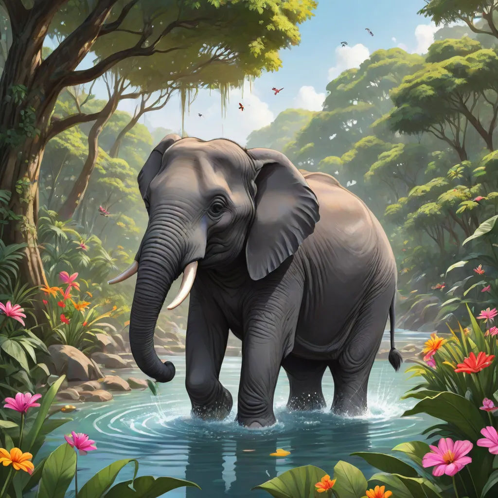 an elephant is standing in a body of water surrounded by flowers and trees and butterflies, with a blue sky and clouds, Chris LaBrooy, fantastic realism, a digital painting, magic the gathering artwork