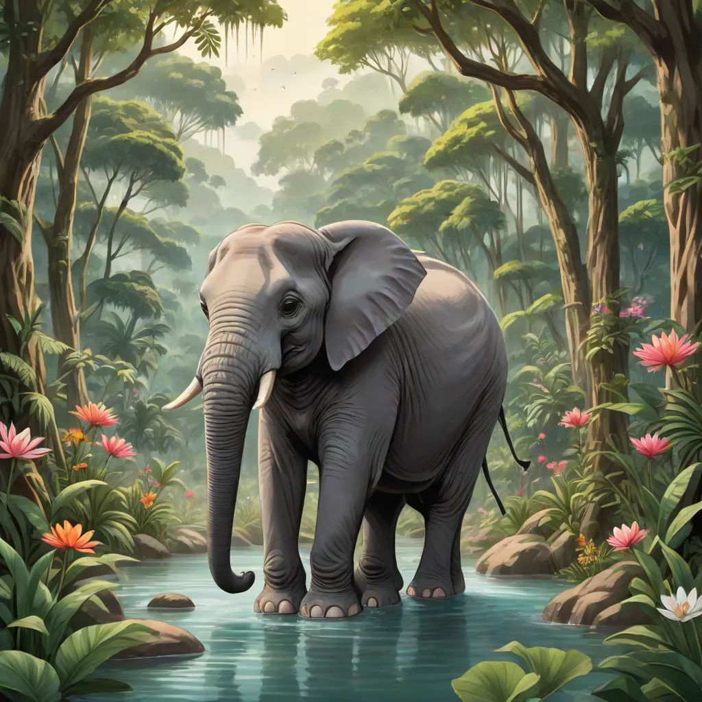 an elephant is standing in a river surrounded by trees and flowers and a forest with flowers and trees around it, Chris LaBrooy, fantastic realism, an airbrush painting, highly detailed digital painting
