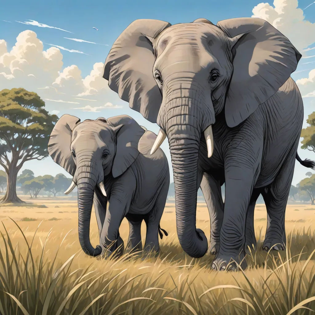 a painting of two elephants walking in a field of grass and trees with a sky background and clouds in the sky, Chris LaBrooy, fantastic realism, a digital painting, highly detailed digital painting