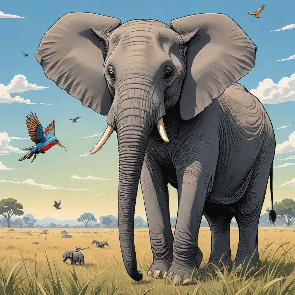a painting of an elephant with birds flying around it and a bird flying above it, and a bird in the air, Chris LaBrooy, fantastic realism, an airbrush painting, highly detailed digital painting