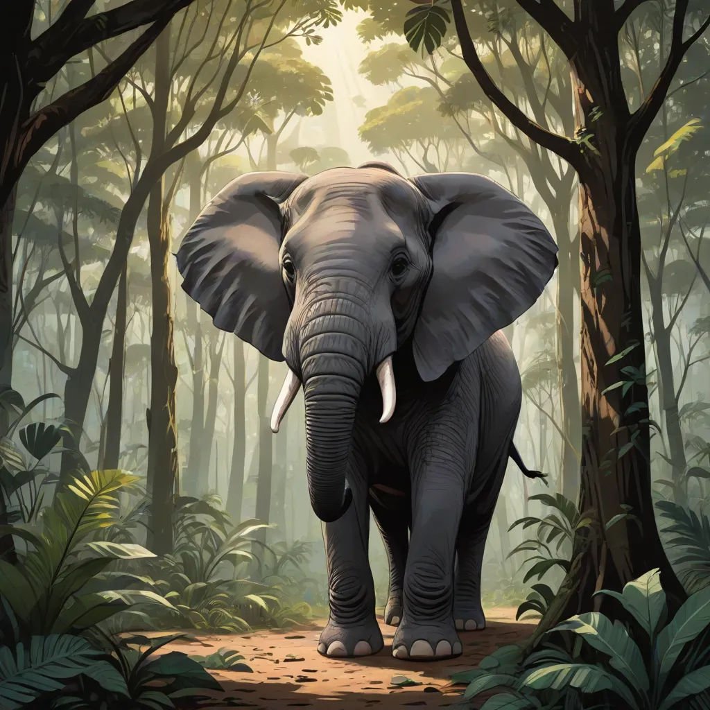 an elephant is walking through a forest with trees and plants on the ground and a path leading to it, Chris LaBrooy, sumatraism, an airbrush painting, highly detailed digital painting