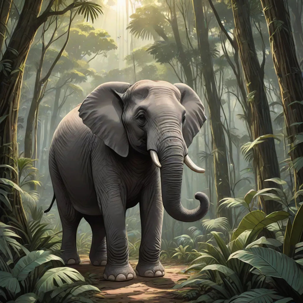 an elephant is walking through a jungle with trees and plants on the ground and a sunbeam in the background, Chris LaBrooy, sumatraism, an airbrush painting, highly detailed digital painting