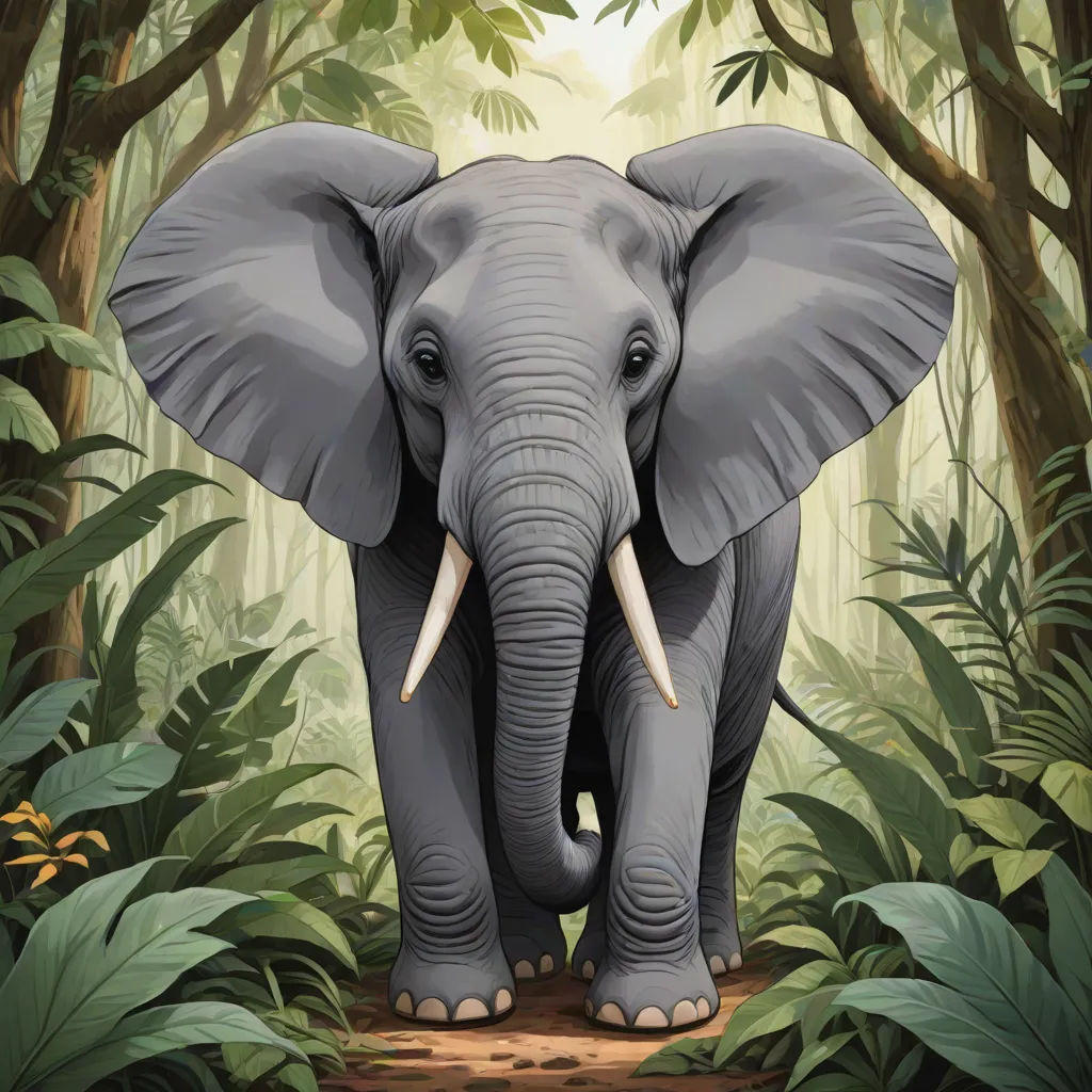 an elephant is walking through a jungle with trees and plants on the ground and a path leading to it, Amédée Ozenfant, sumatraism, a digital painting, highly detailed digital painting