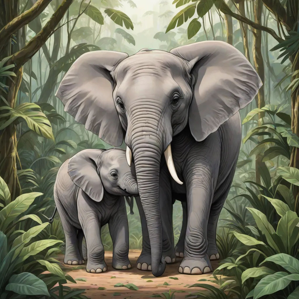 a painting of two elephants in a jungle setting with trees and plants behind them, and a baby elephant standing on a log, Amédée Ozenfant, sumatraism, a storybook illustration, highly detailed digital painting