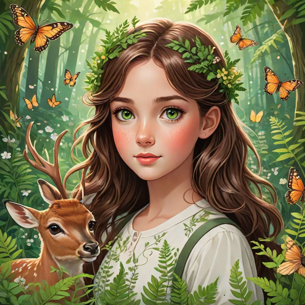 a girl with a deer in a forest with butterflies on her head and a deer in her hand, with a butterfly in her hair, fantasy art, a detailed painting, Artgerm, highly detailed digital painting