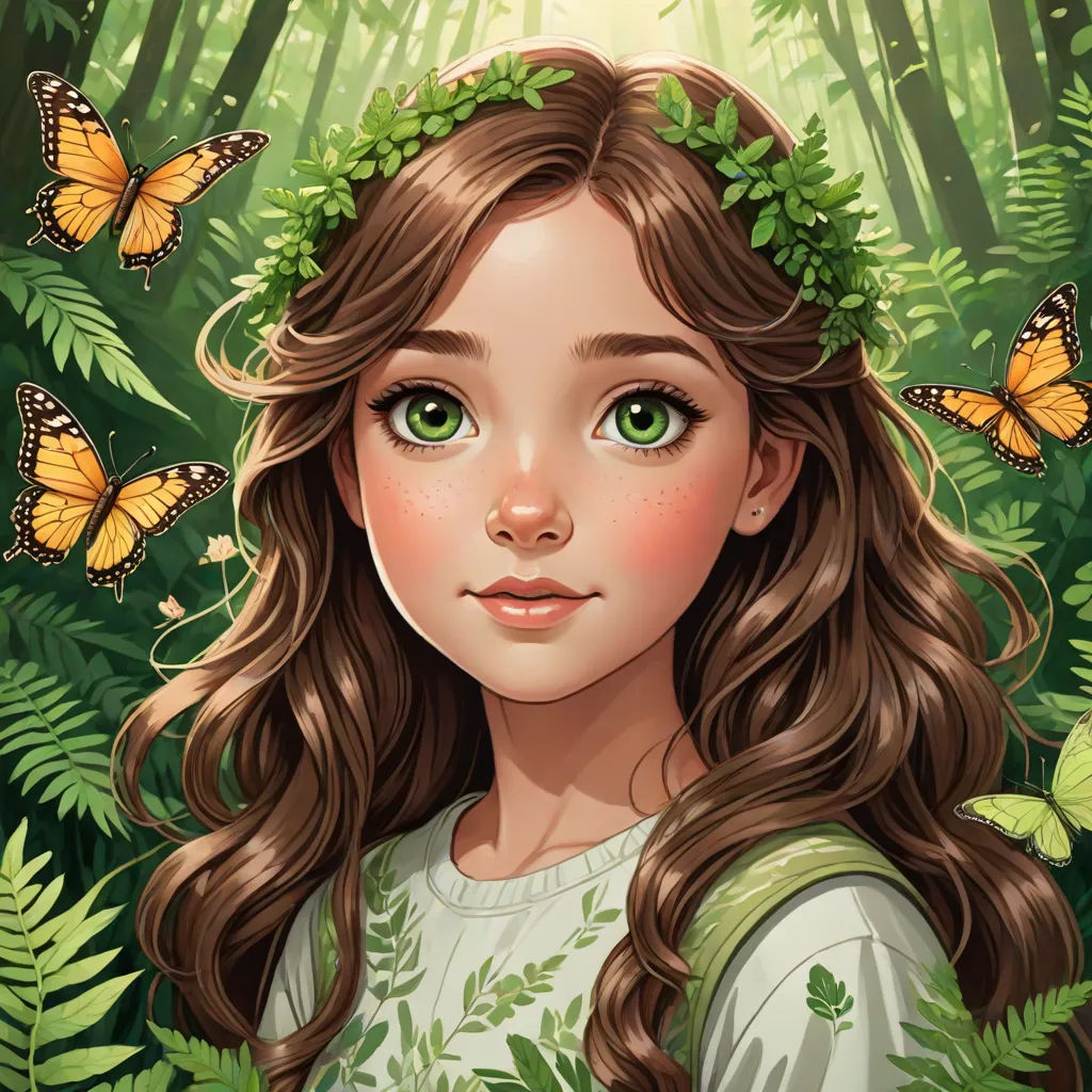 a girl with long hair and green eyes surrounded by butterflies in the forest with ferns and ferns on her head, fantasy art, a detailed painting, Charlie Bowater, highly detailed digital painting