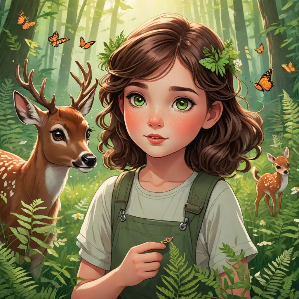 a girl with a deer in a forest with butterflies on her head and a deer in her hand, with a butterfly in her hair, fantasy art, a storybook illustration, Artgerm, trending on art station