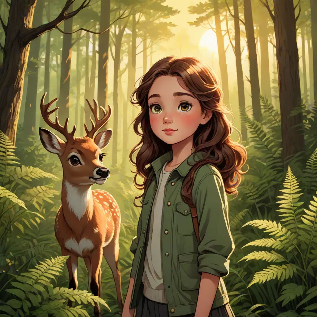 a girl standing in a forest with a deer in her hand and a forest background with ferns and trees, naturalism, a storybook illustration, Clarice Beckett, leesha hannigan