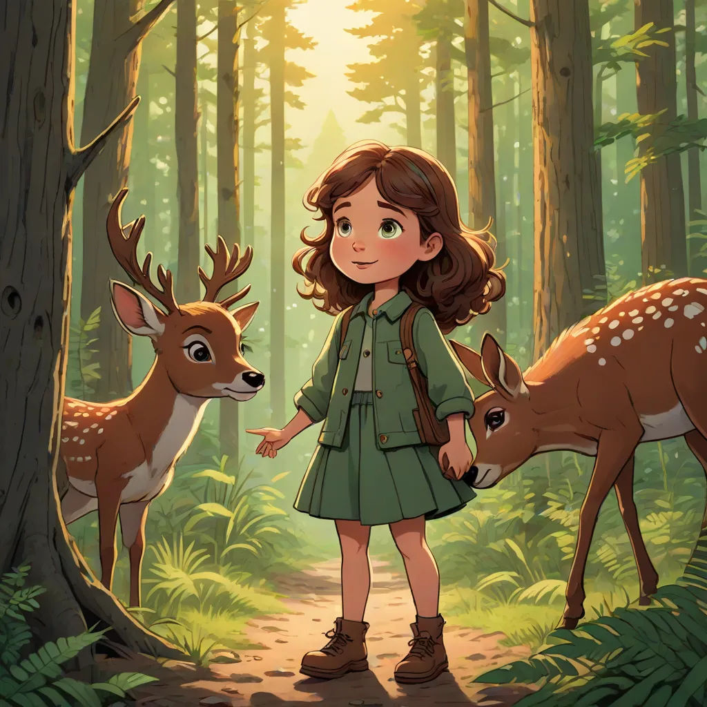 a girl in a green dress standing next to a deer in a forest with trees and grass on both sides, magic realism, a storybook illustration, Clarice Beckett, official art